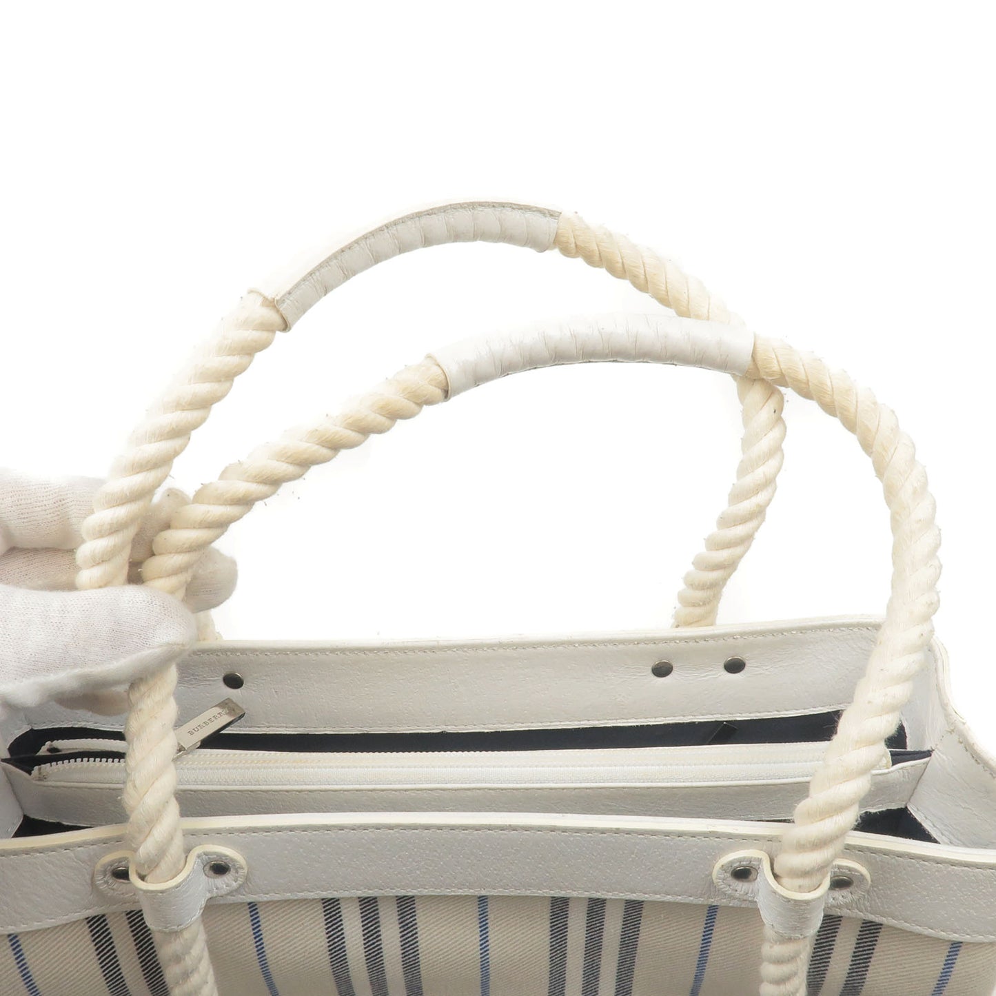 BURBERRY Stripe Canvas Leather Hand Bag Ivory White