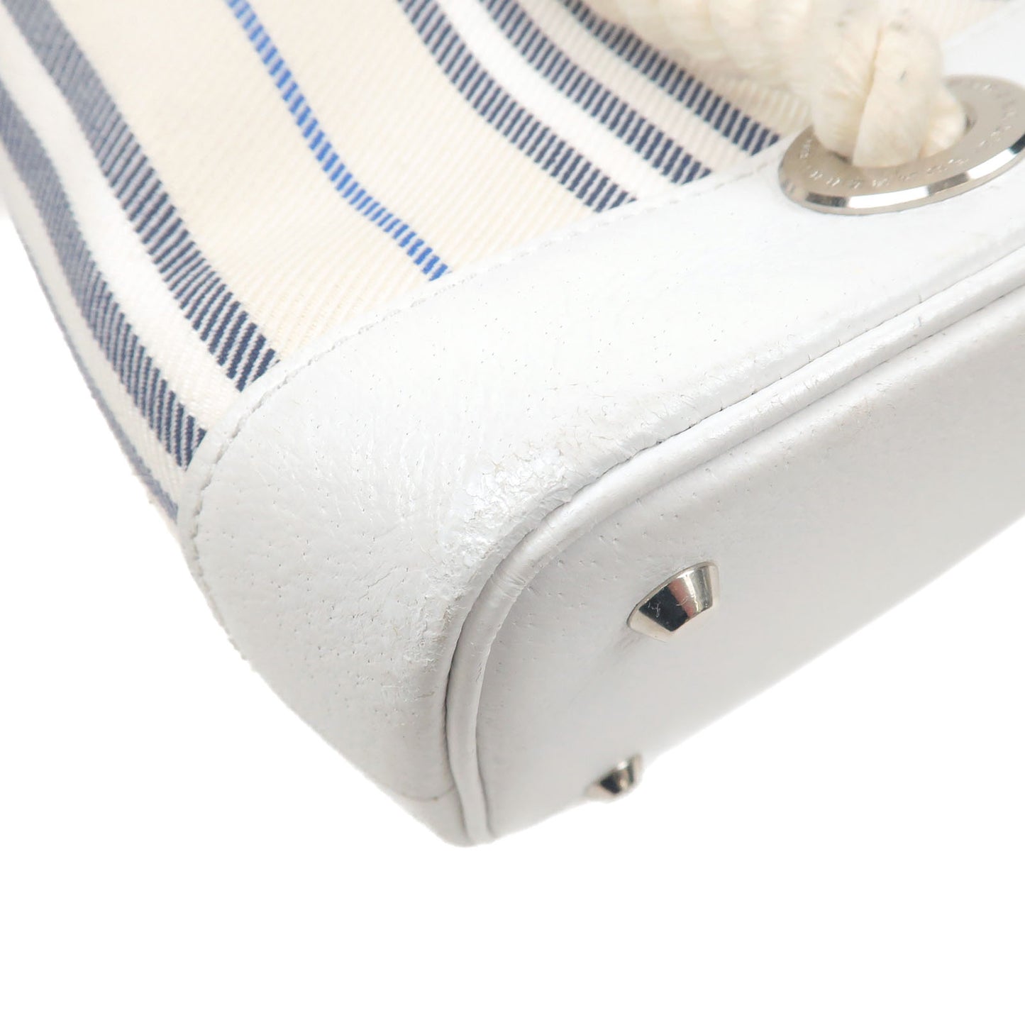 BURBERRY Stripe Canvas Leather Hand Bag Ivory White