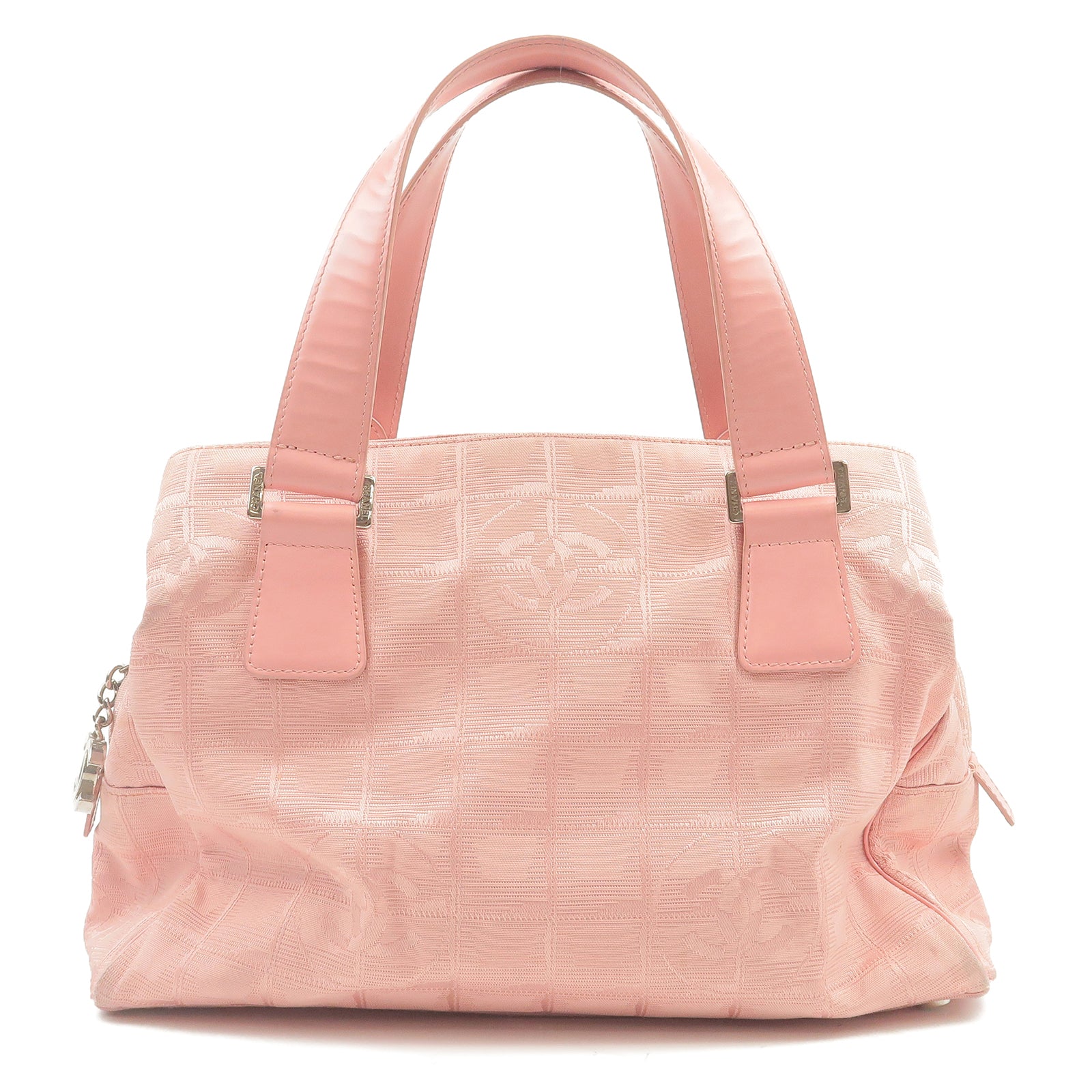 CHANEL-Travel-Line-Nylon-Jacquard-Leather-Hand-Bag-Pink-A30916