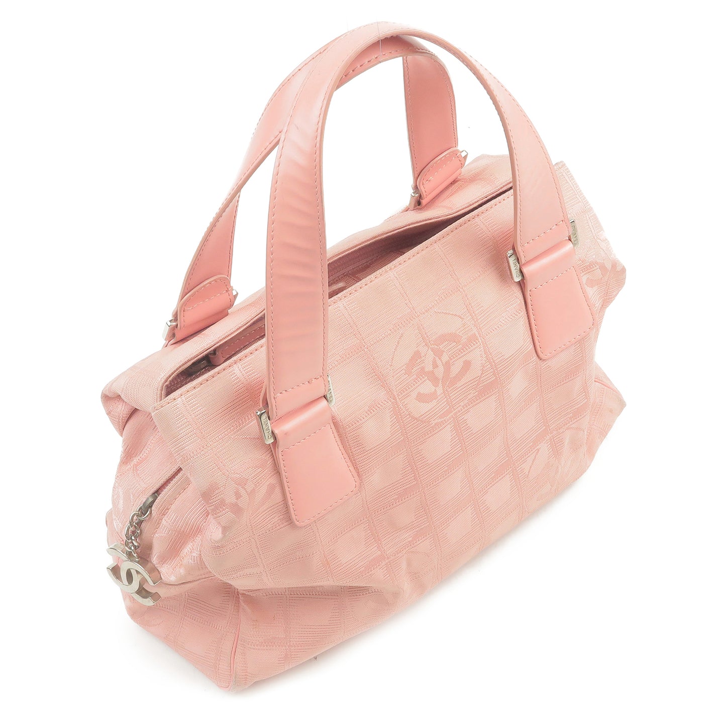 CHANEL New Travel Line Nylon Jacquard Leather Hand Bag Pink A30916
