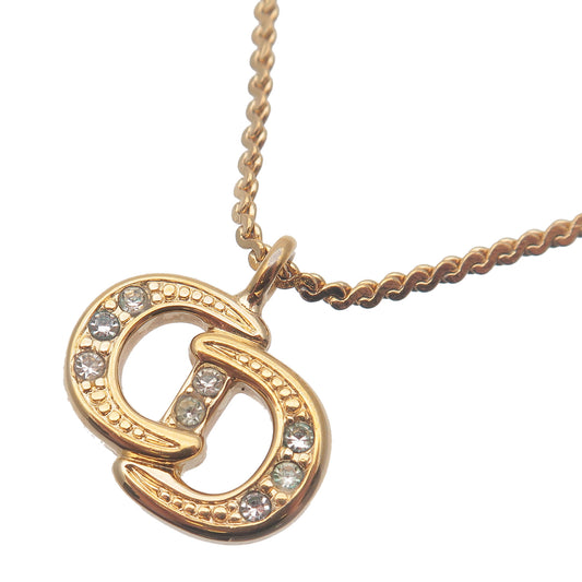 Christian-Dior-CD-Logo-Rhine-Stone-Necklace-Penadant-Gold