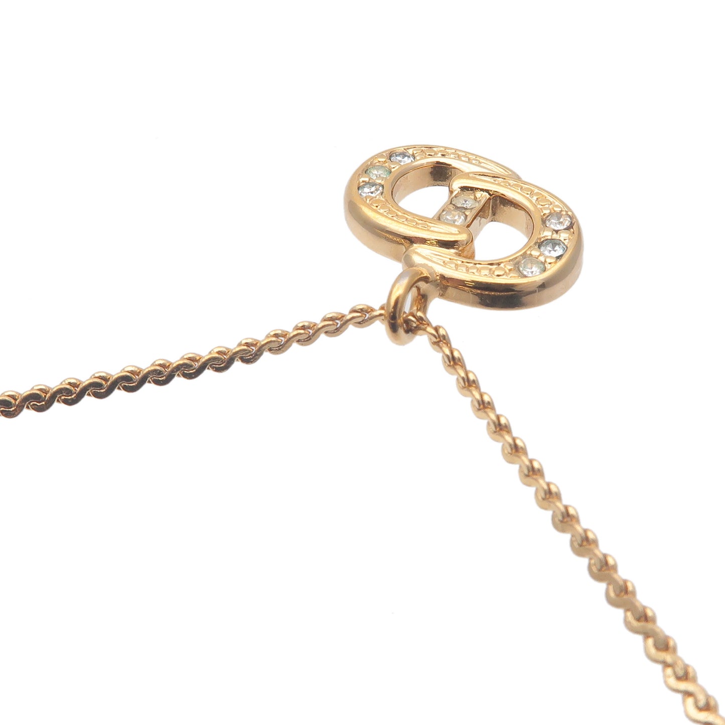 Christian Dior CD Logo Rhine Stone Necklace Penadant Gold