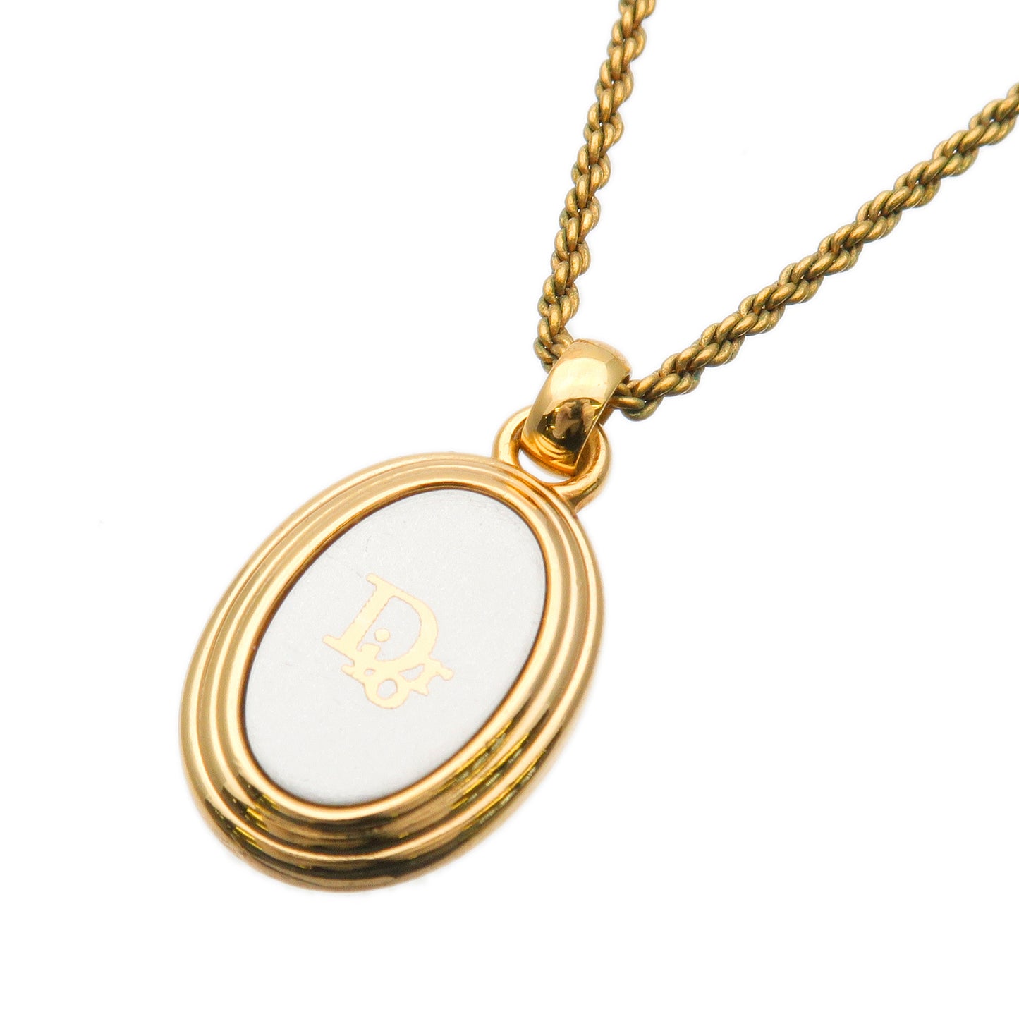 Christian-Dior-Logo-Oval-Necklace-Penadant-Gold-White