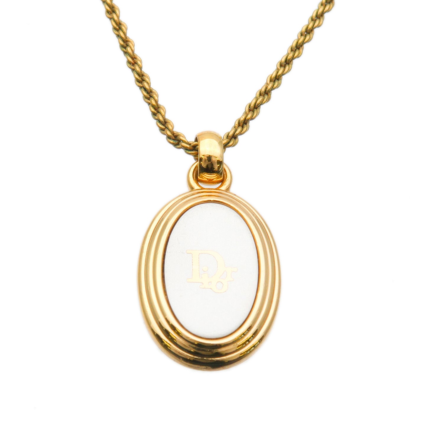 Christian Dior Logo Oval Necklace Pendant Gold White