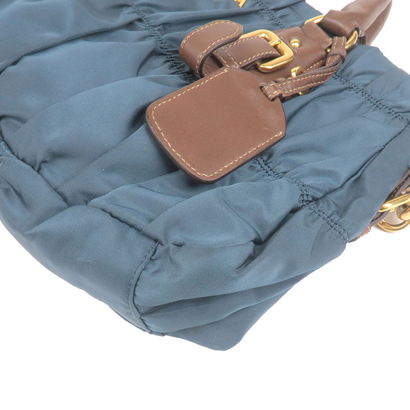 PRADA Gather Nylon Leather 2Way Bag Hand Bag Blue Brown
