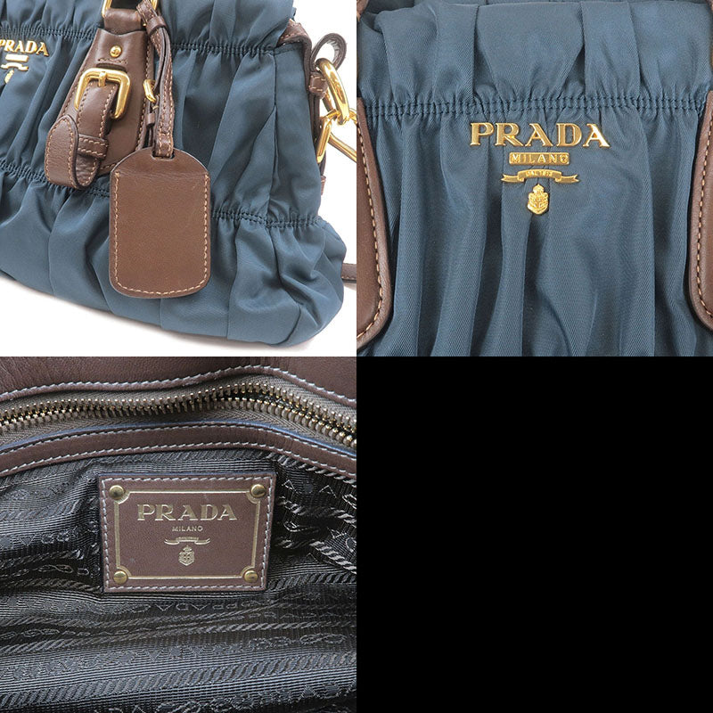 PRADA Gather Nylon Leather 2Way Bag Hand Bag Blue Brown