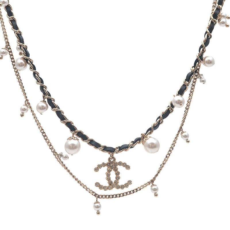 CHANEL Coco Mark Rhinestone Pearl Leather Chain Necklace A18B