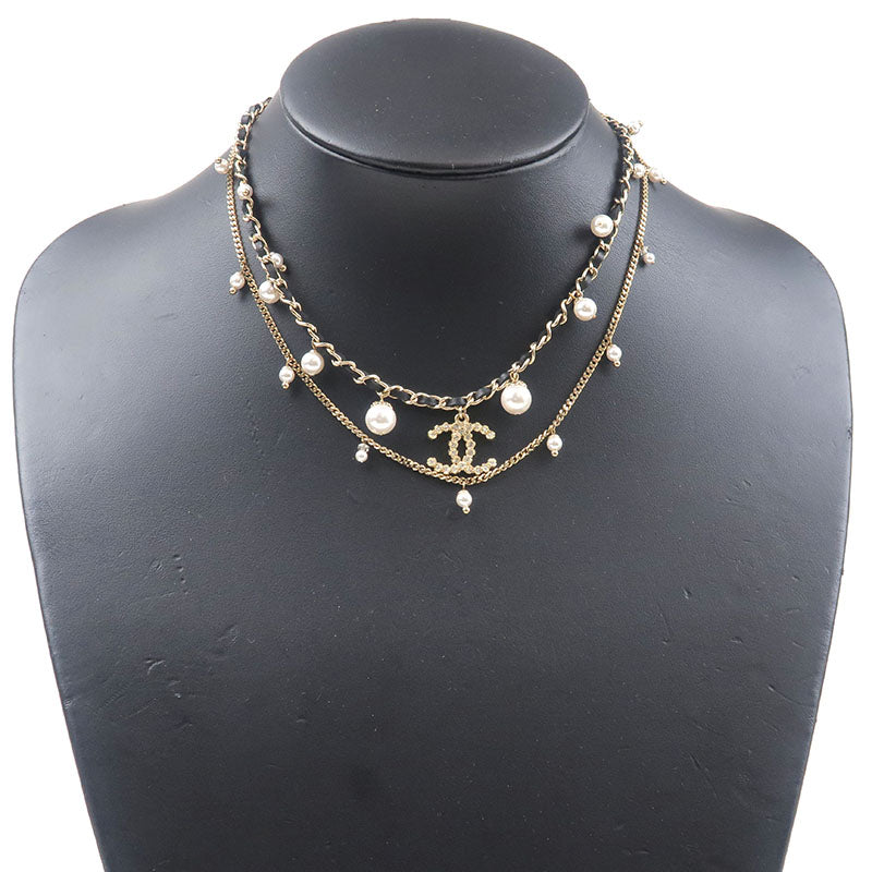 CHANEL-Coco-Mark-Rhinestone-Pearl-Leather-Chain-Necklace-A18B