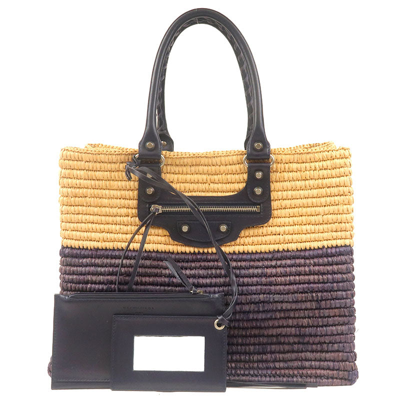 BALENCIAGA-Straw-Leather-Hand-Bag-Purple-Beige-339560