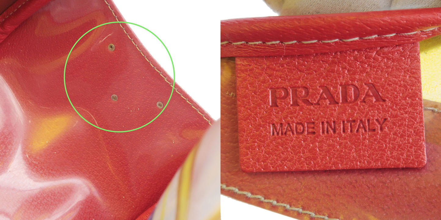 PRADA Vinyl Leather Print Tote Bag Beach Bag Clear Red