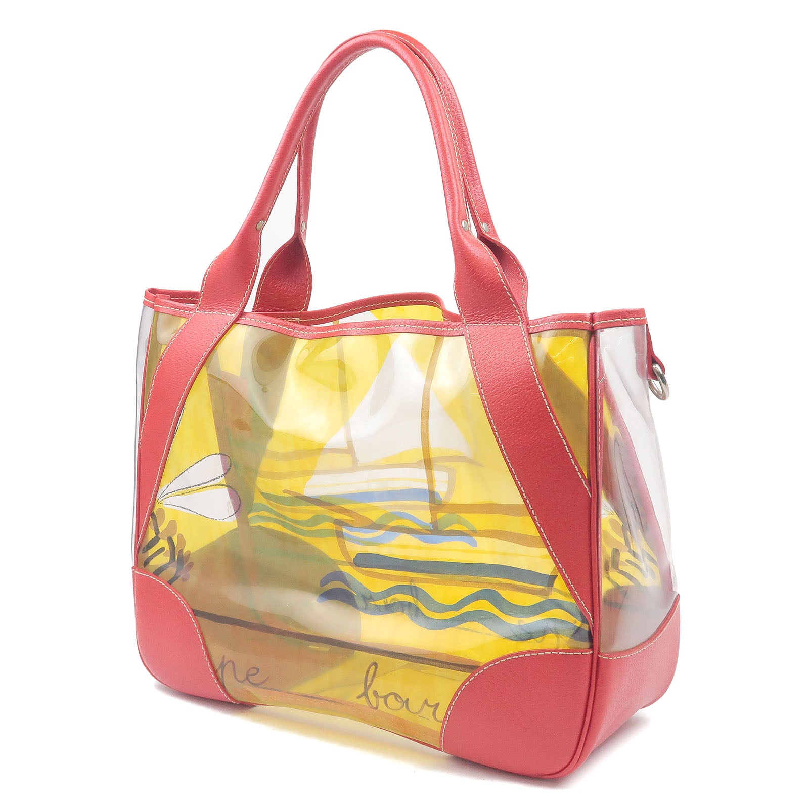 Prada Tote Bag Clear Print Leather Red Yellow Women