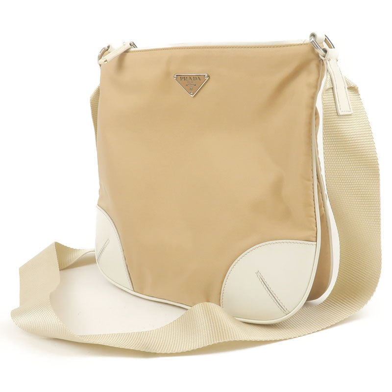PRADA Nylon Leather Shoulder Bag Beige White