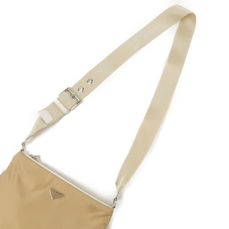 PRADA Nylon Leather Shoulder Bag Beige White