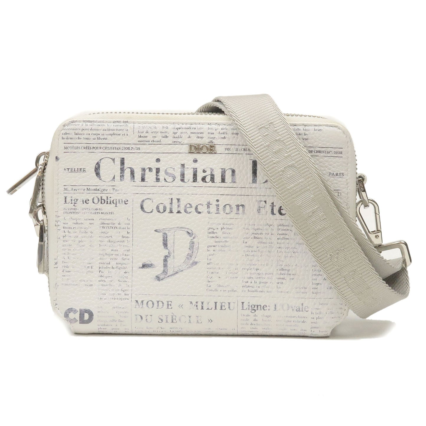 Christian-Dior-Newspaper-Leather-Shoulder-Bag-Purse-White