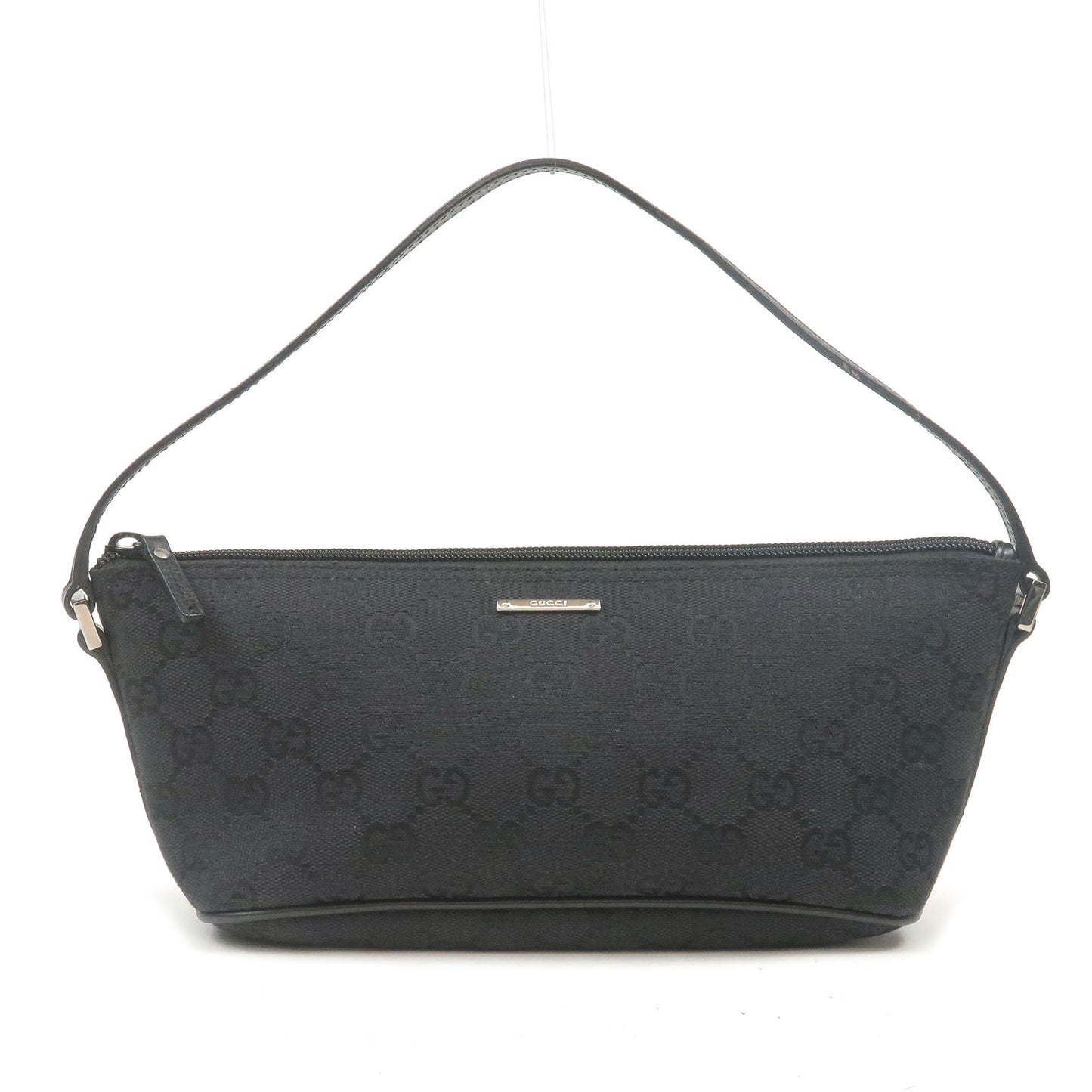 GUCCI-GG-Canvas-Leather-Boat-Bag-Pouch-Hand-Bag-Black-07198