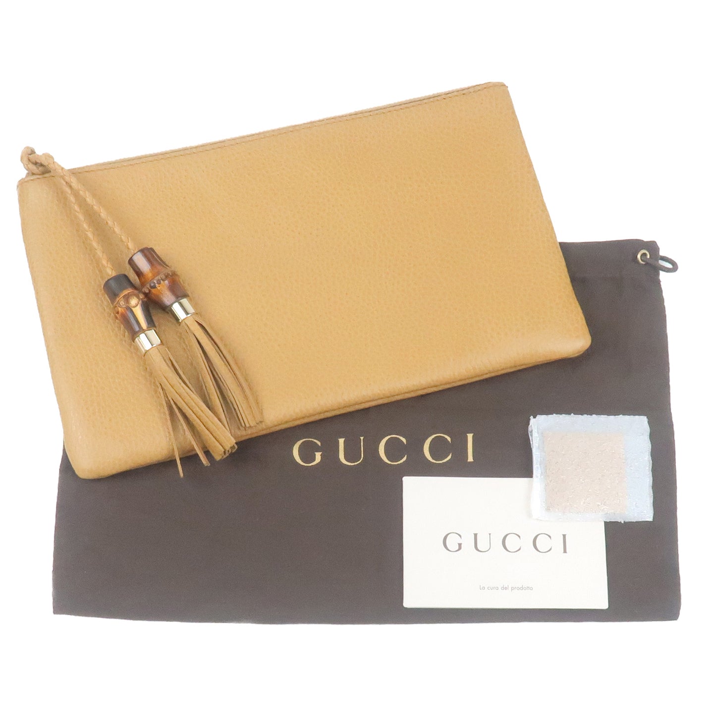 GUCCI Leather Bamboo Pouch Clutch Bag Light Brown 376854