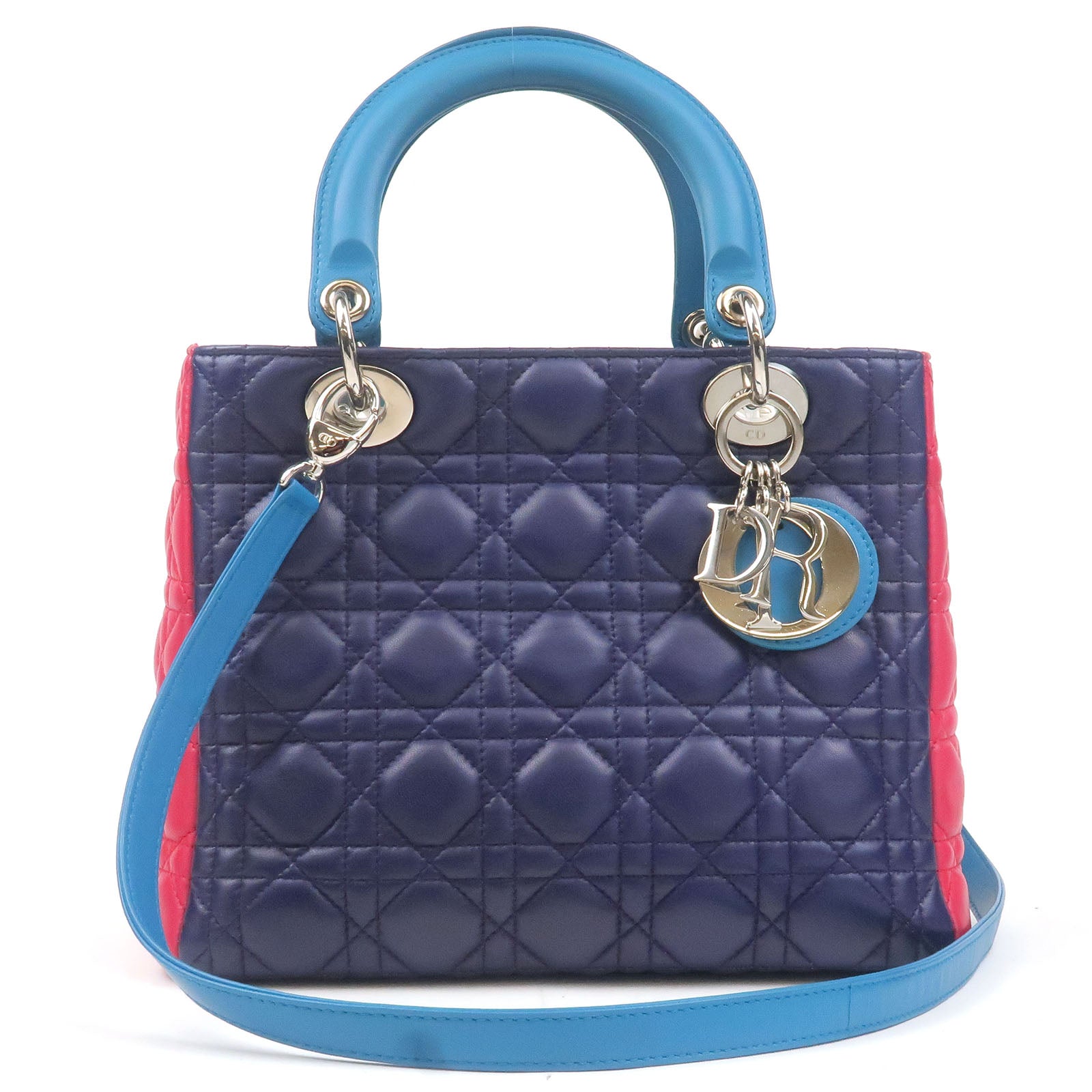 Christian-Dior-Lady-Dior-Medium-Leather-2Way-Bag-Navy-Blue-Pink