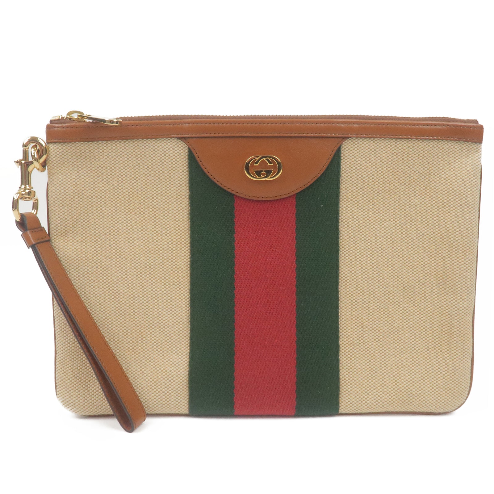 GUCCI-Sherry-Canvas-Leather-Clutch-Bag-Pouch-Beige-Brown-576053