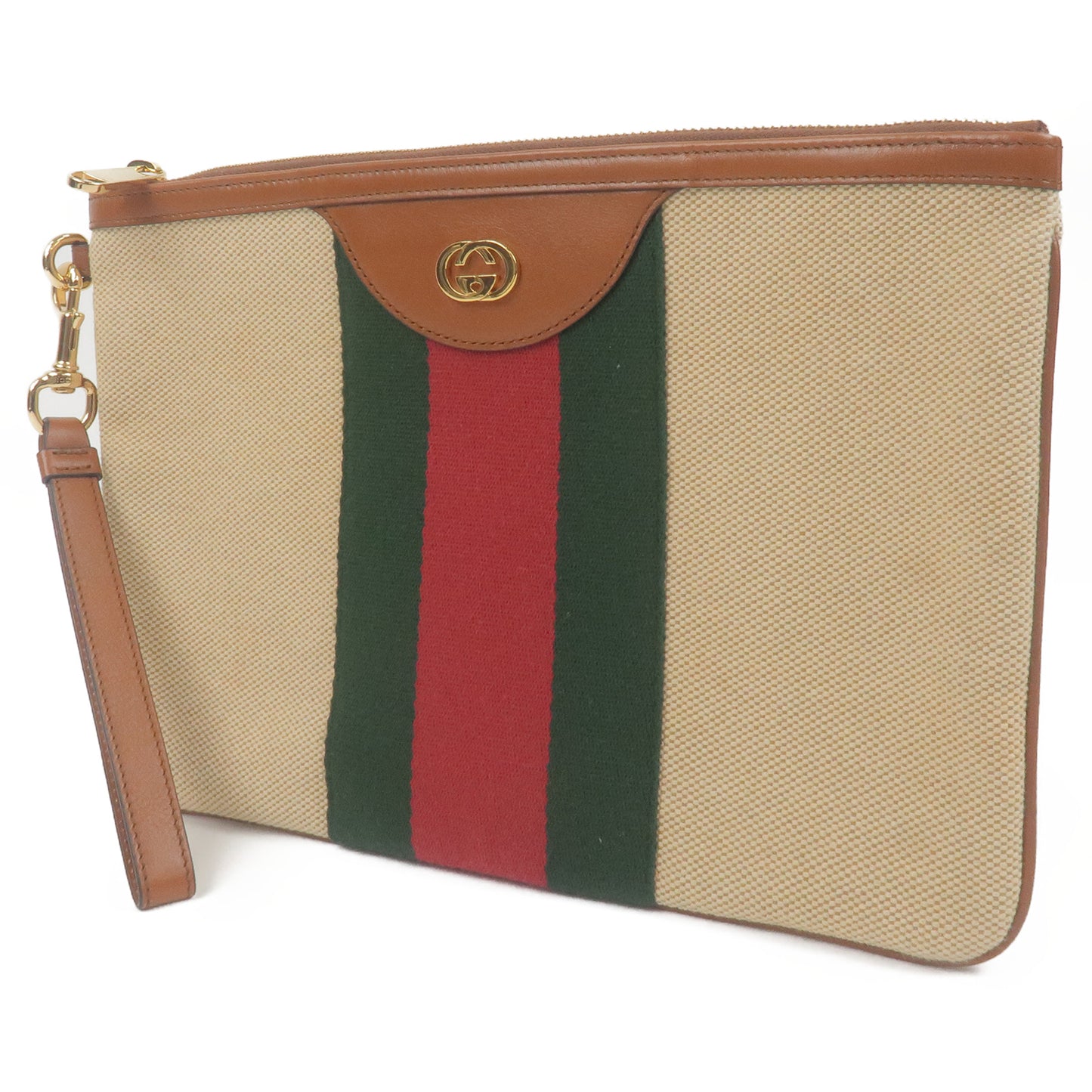 GUCCI Sherry Canvas Leather Clutch Bag Pouch Beige Brown 576053