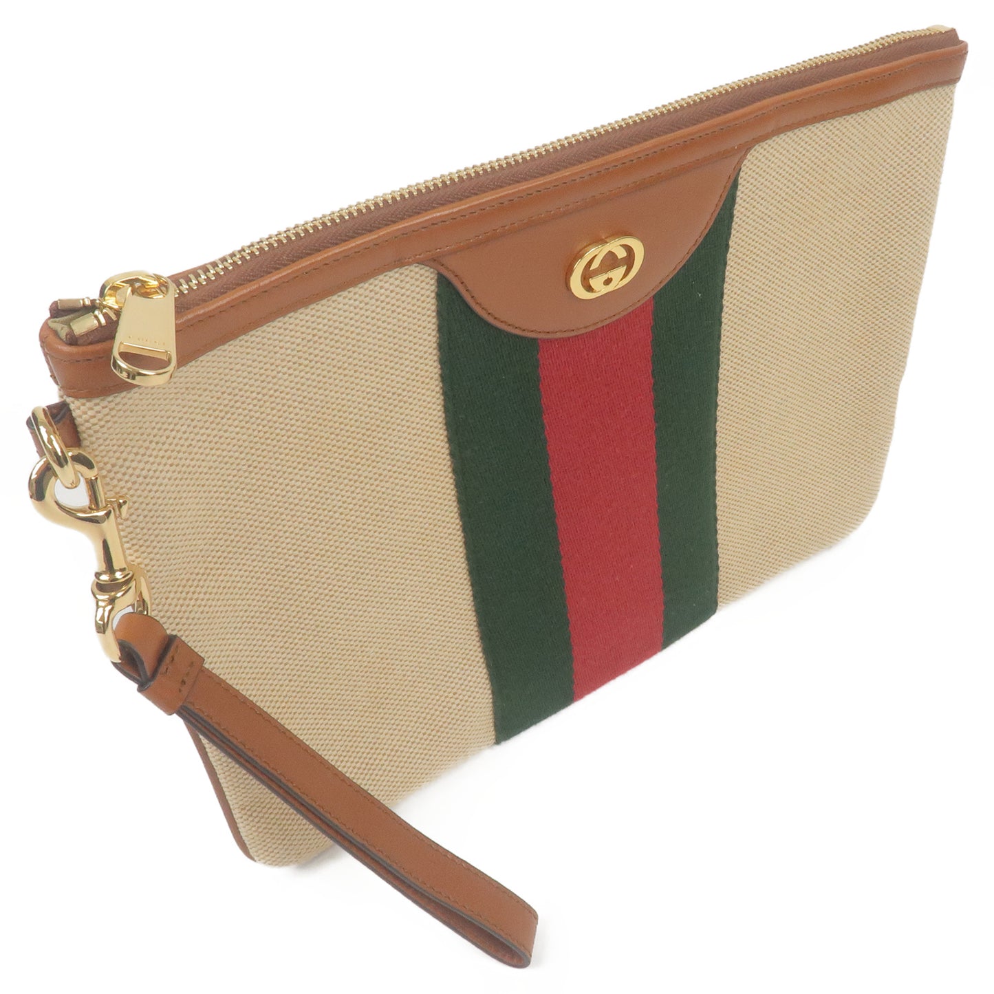 GUCCI Sherry Canvas Leather Clutch Bag Pouch Beige Brown 576053