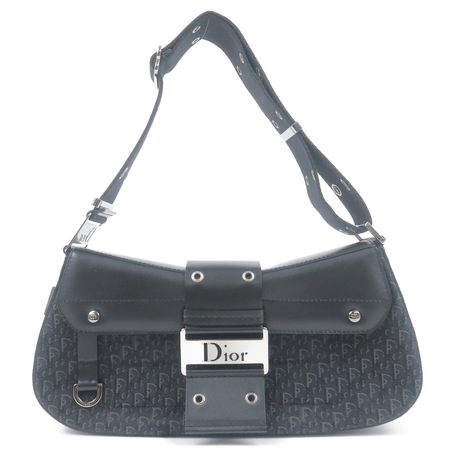 Christian-Dior-Trotter-Canvas-Leather-Shoulder-Bag-Black