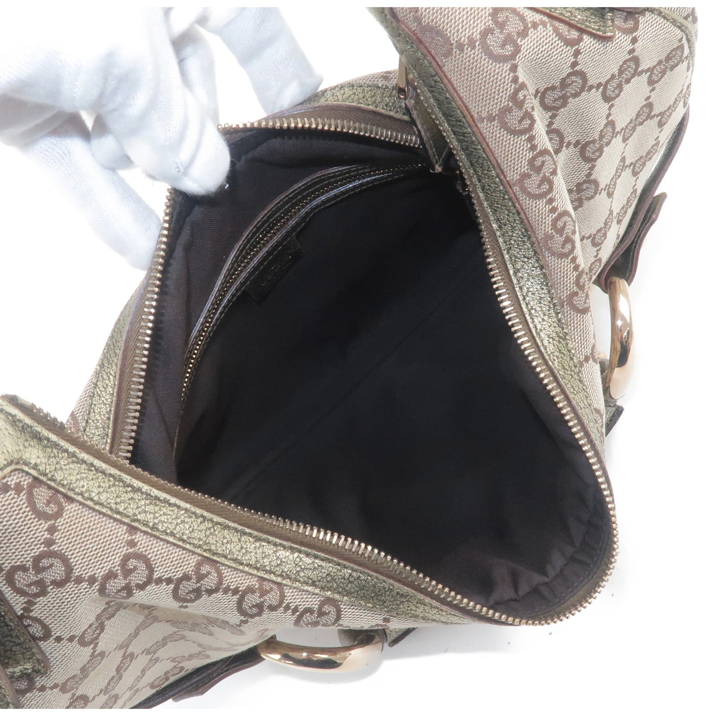 GUCCI Horsebit GG Canvas Leather Shoulder Bag Beige Gold 131026