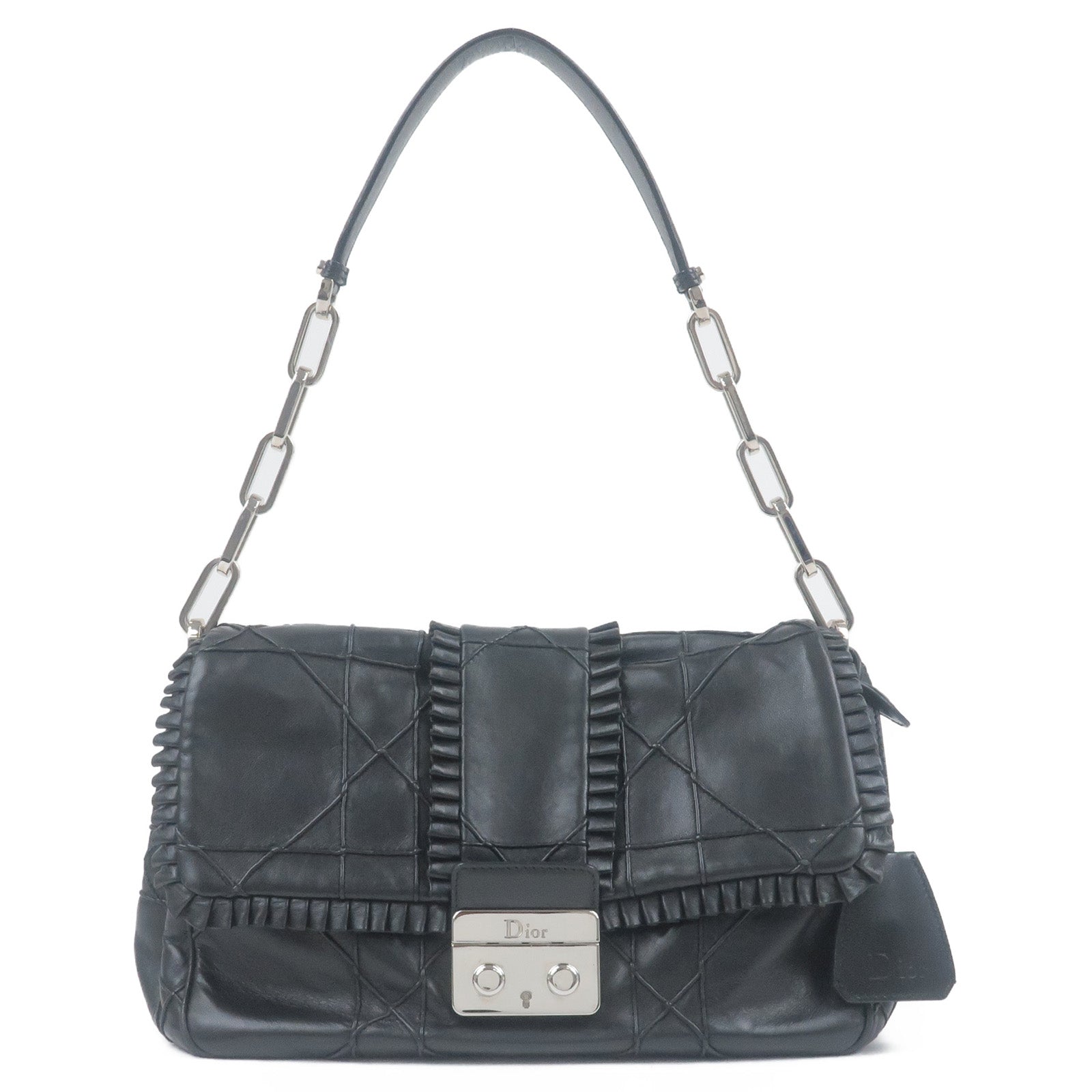 Christian-Dior-New-Lock-Cannage-Leather-Chain-Shoulder-Bag-Black