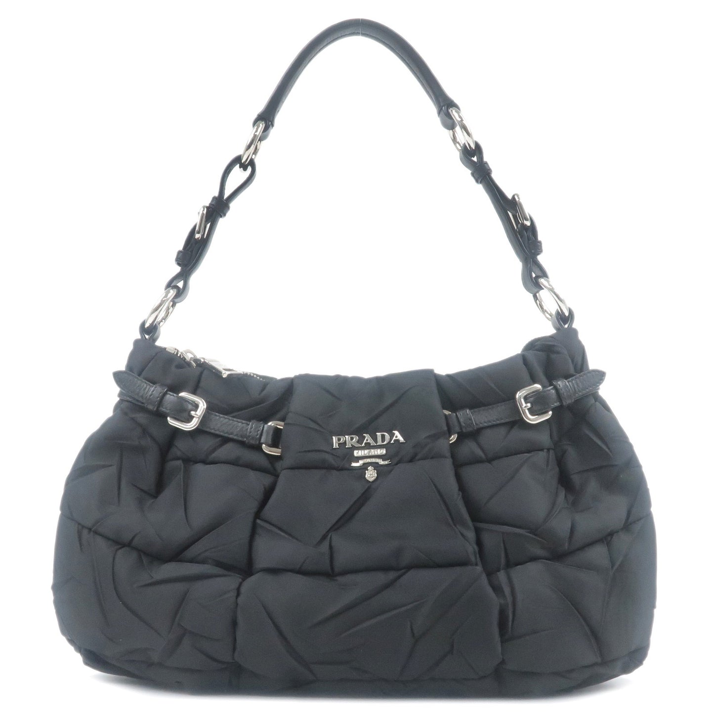 PRADA-Nylon-Leather-Shoulder-Bag-Black-NERO