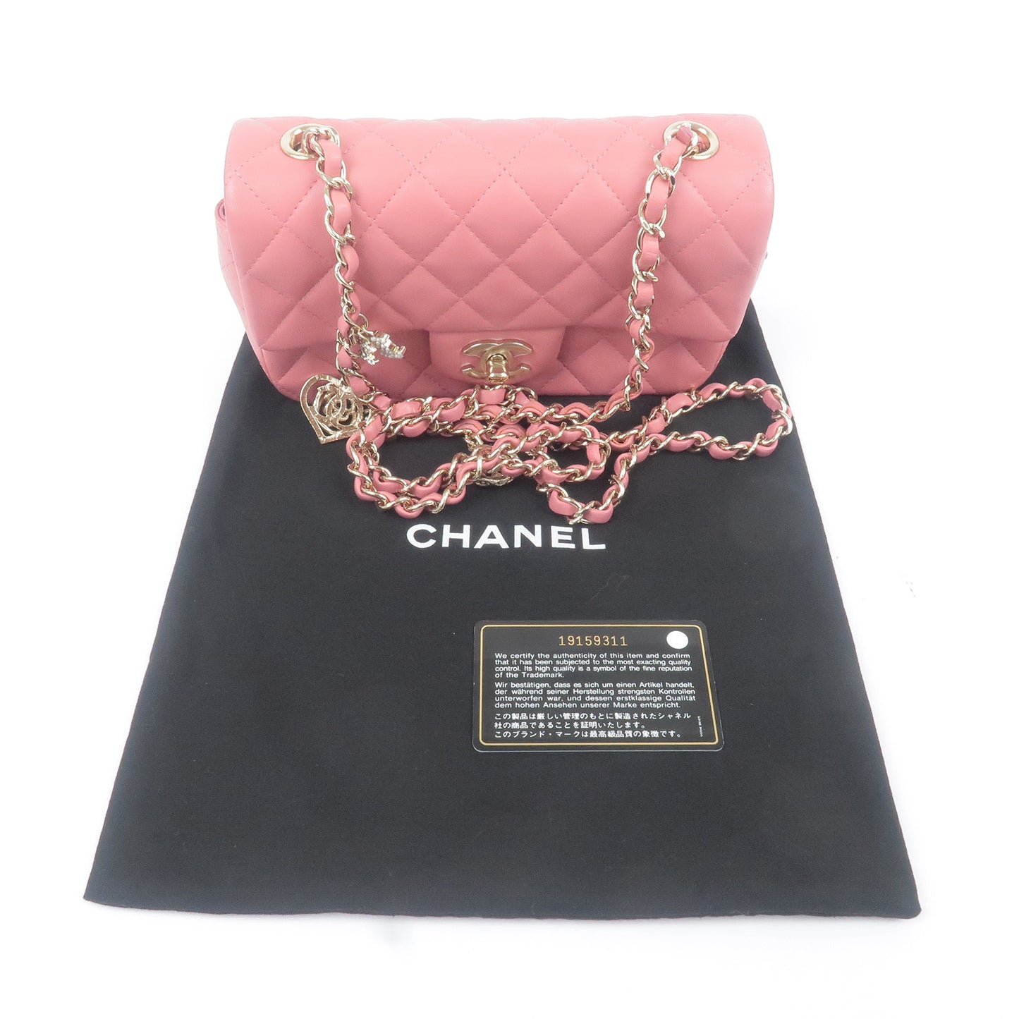 CHANEL Lamb Skin Matelasse Charm Chain Shoulder Bag Pink