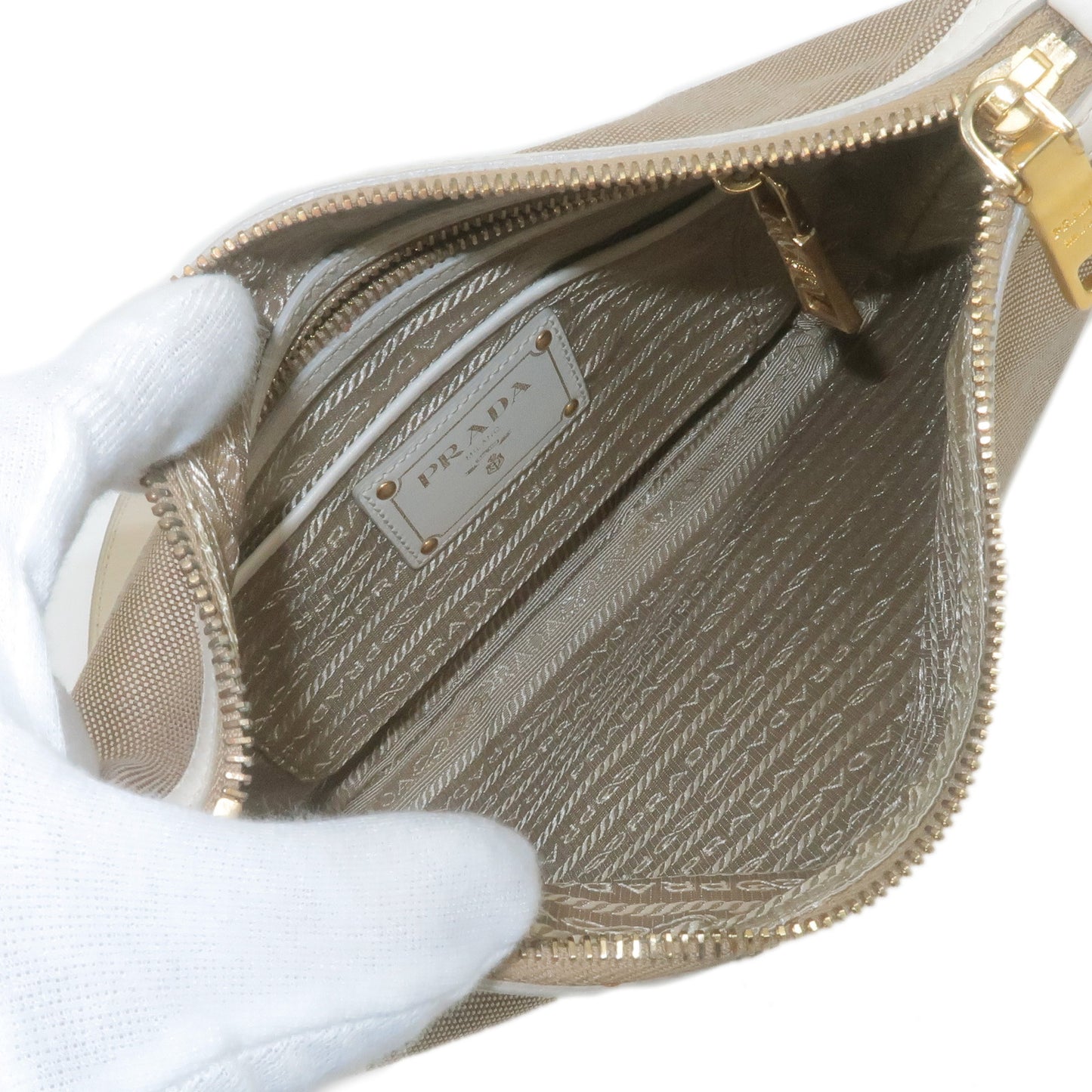 PRADA Logo Jacquard Leather Shoulder Bag Beige Ivory BT0706