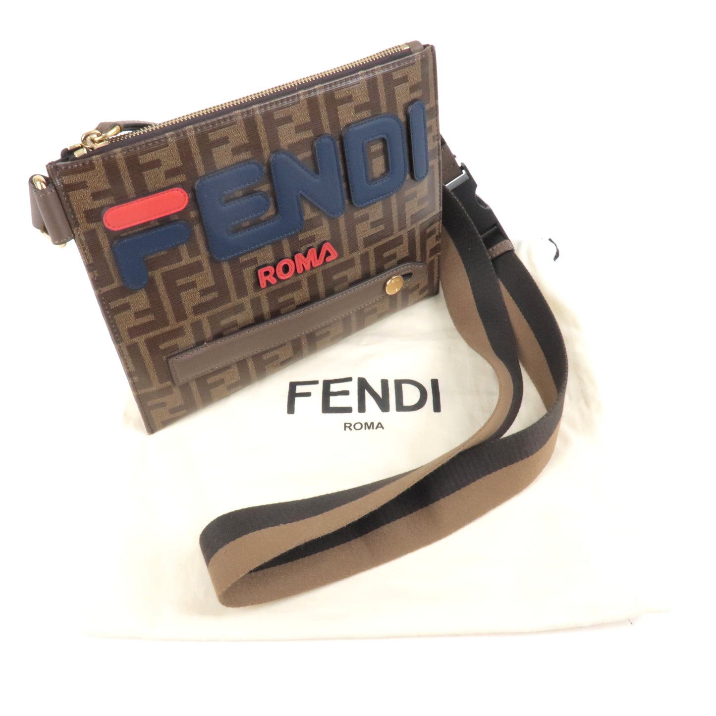 FENDI FILA Model Zucca PVC Leather Shoulder Bag Brown 7VA437