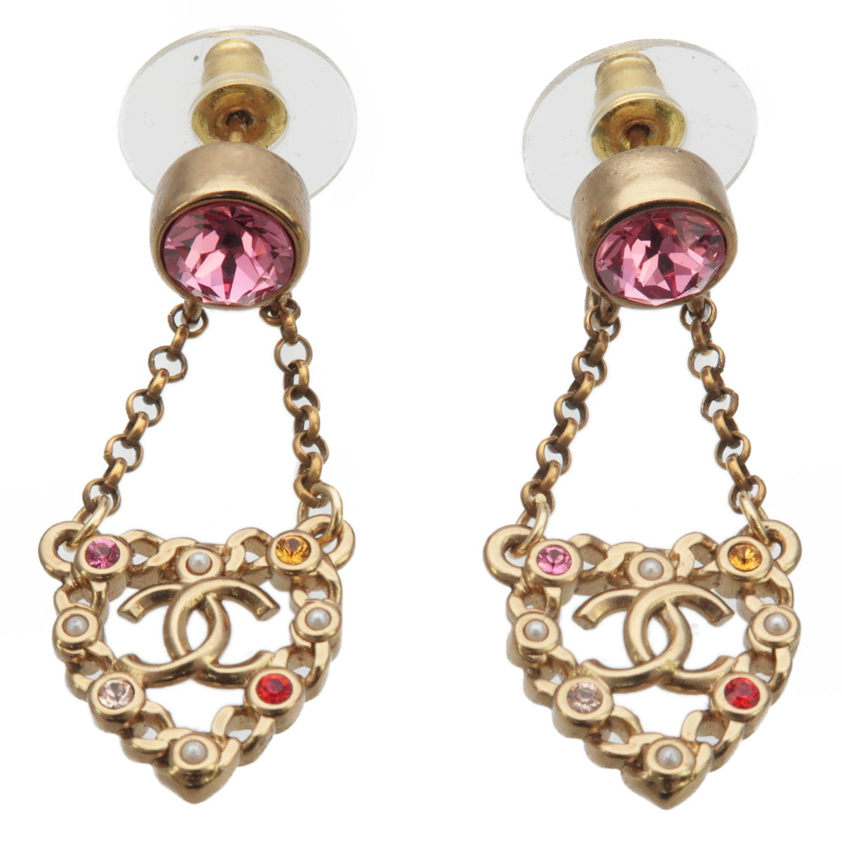 CHANEL Coco Mark Heart Rhinestone Imitation Pearl Earrings A21V