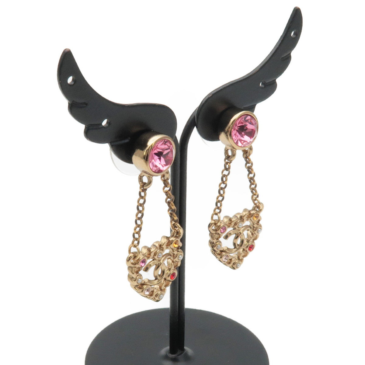 CHANEL Coco Mark Heart Rhinestone Imitation Pearl Earrings A21V