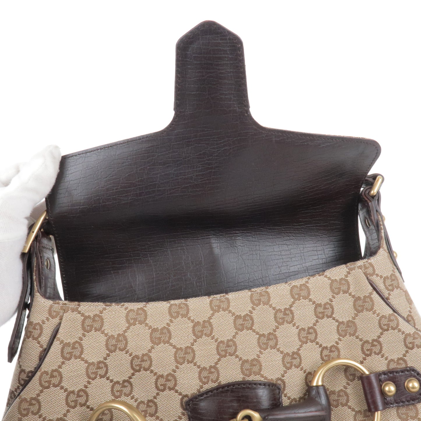 GUCCI Horsebit GG Canvas Leather Shoulder Bag Beige Brown 114915