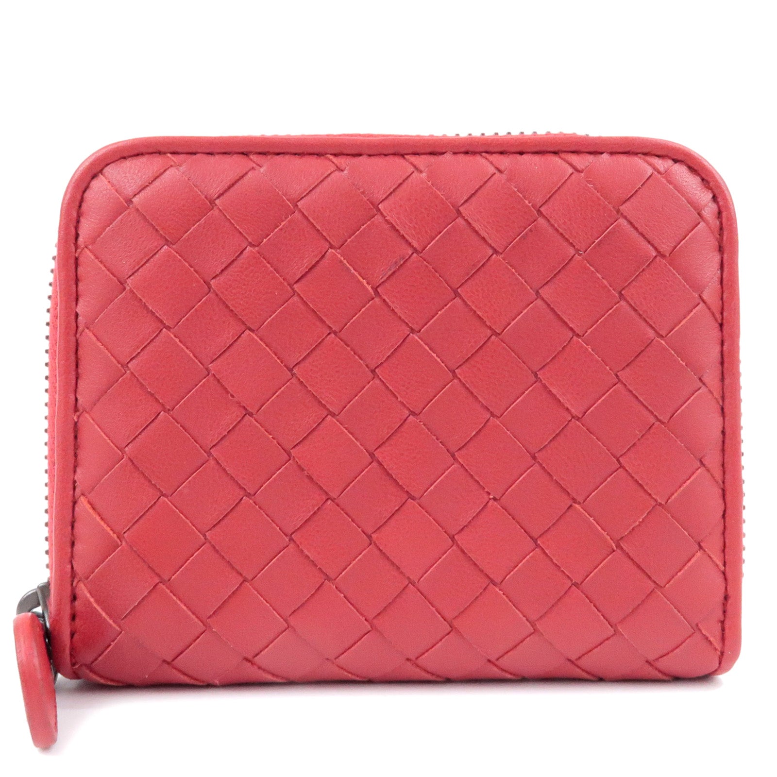 BOTTEGA-VENETA-Intrecciato-Leather-Round-Zipper-Coin-Case-Red