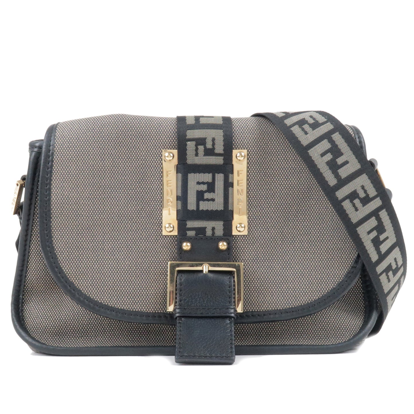 FENDI-Zucca-Canvas-Leather-Shoulder-Bag-Gray-Black-8BT097