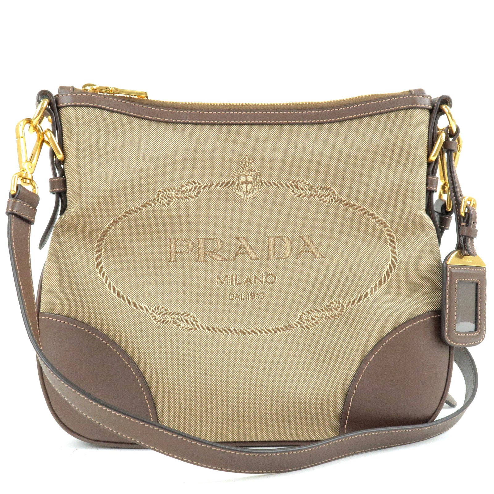 PRADA-Logo-Jacquard-Leather-Shoulder-Bag-Beige-Brown-BT867A