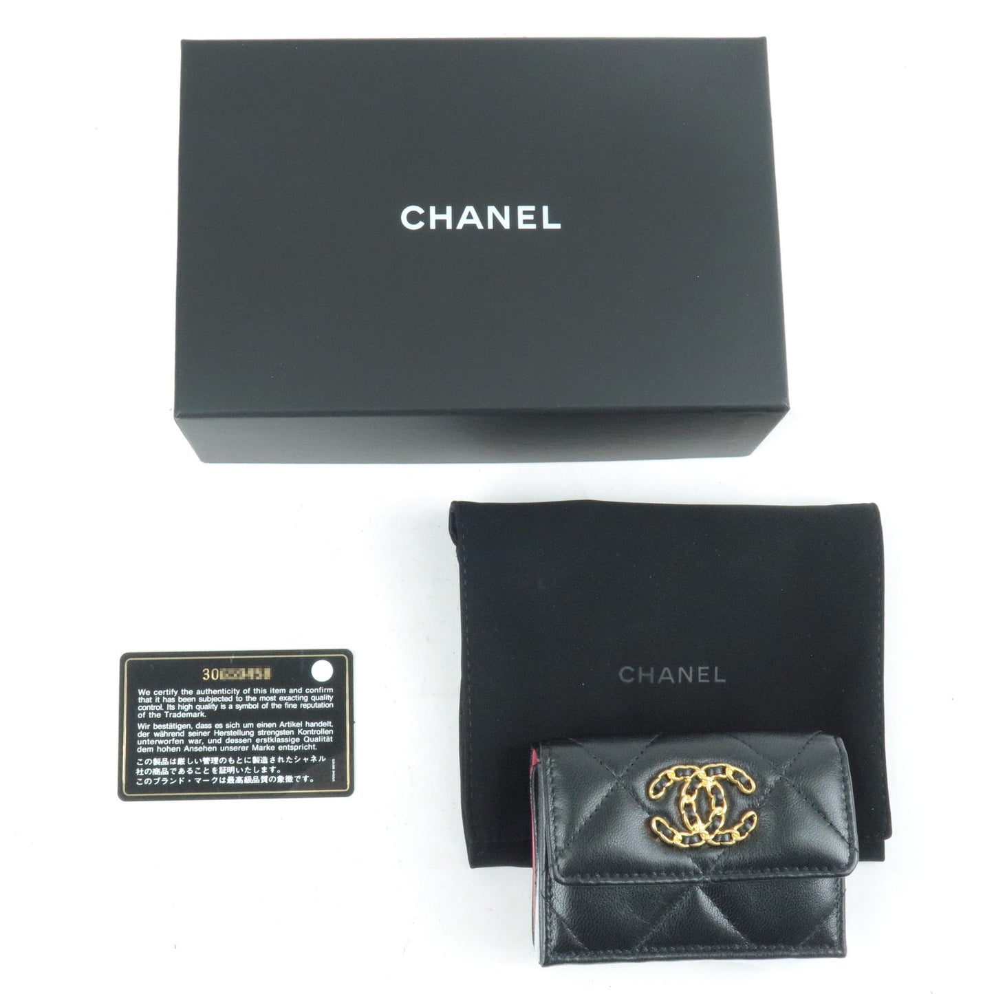 Chanel 19 Goat Skin Small Flap Trifold Wallet Black AP0727