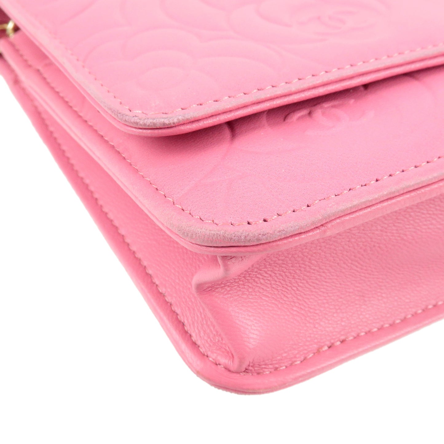CHANEL Camellia Lamb Skin Chain Wallet WOC Pink A47421