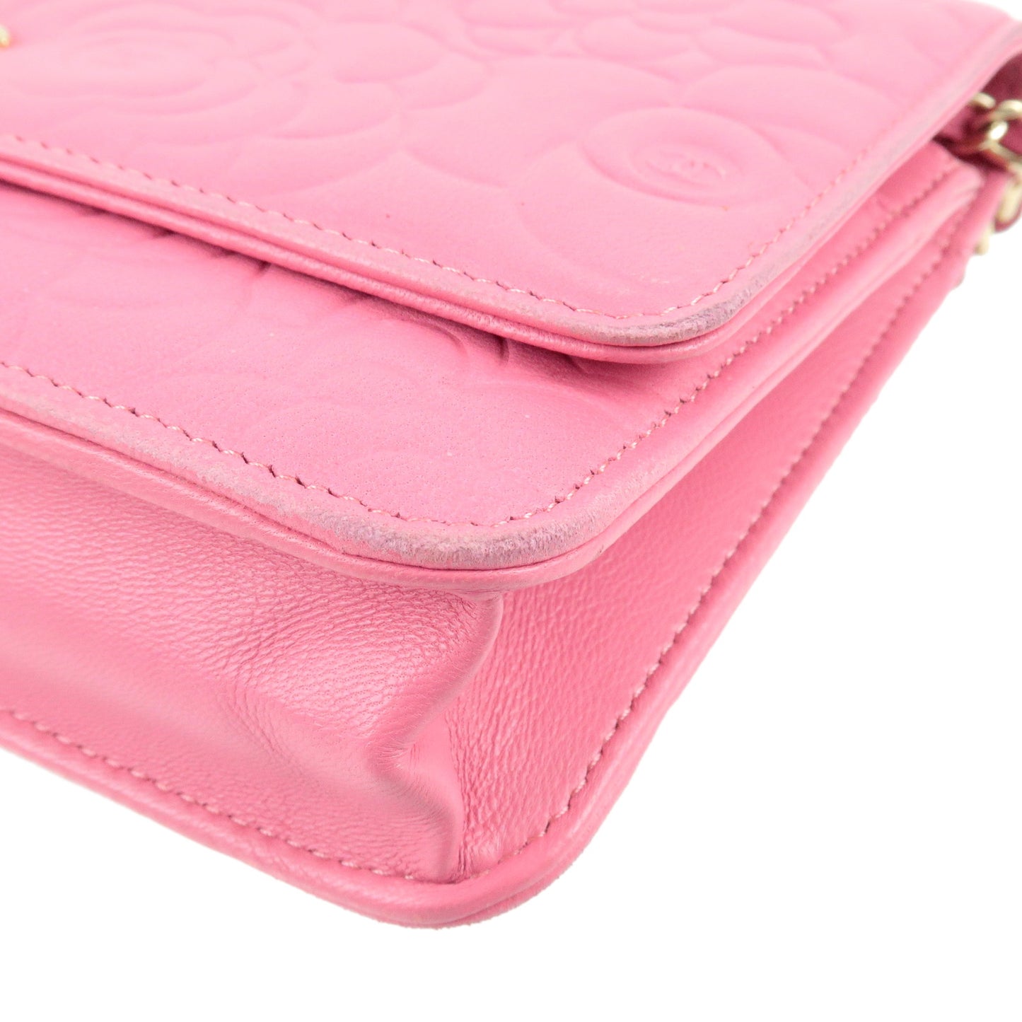 CHANEL Camellia Lamb Skin Chain Wallet WOC Pink A47421