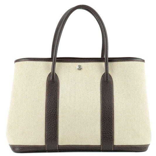 HERMES-Canvas-Leather-Garden-Party-PM-Tote-Bag-Brown-Ivory