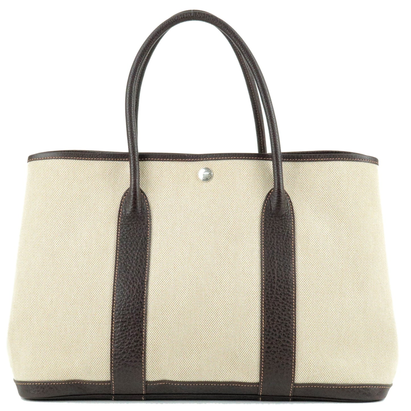 HERMES Canvas Leather Garden Party PM Tote Bag Brown Ivory