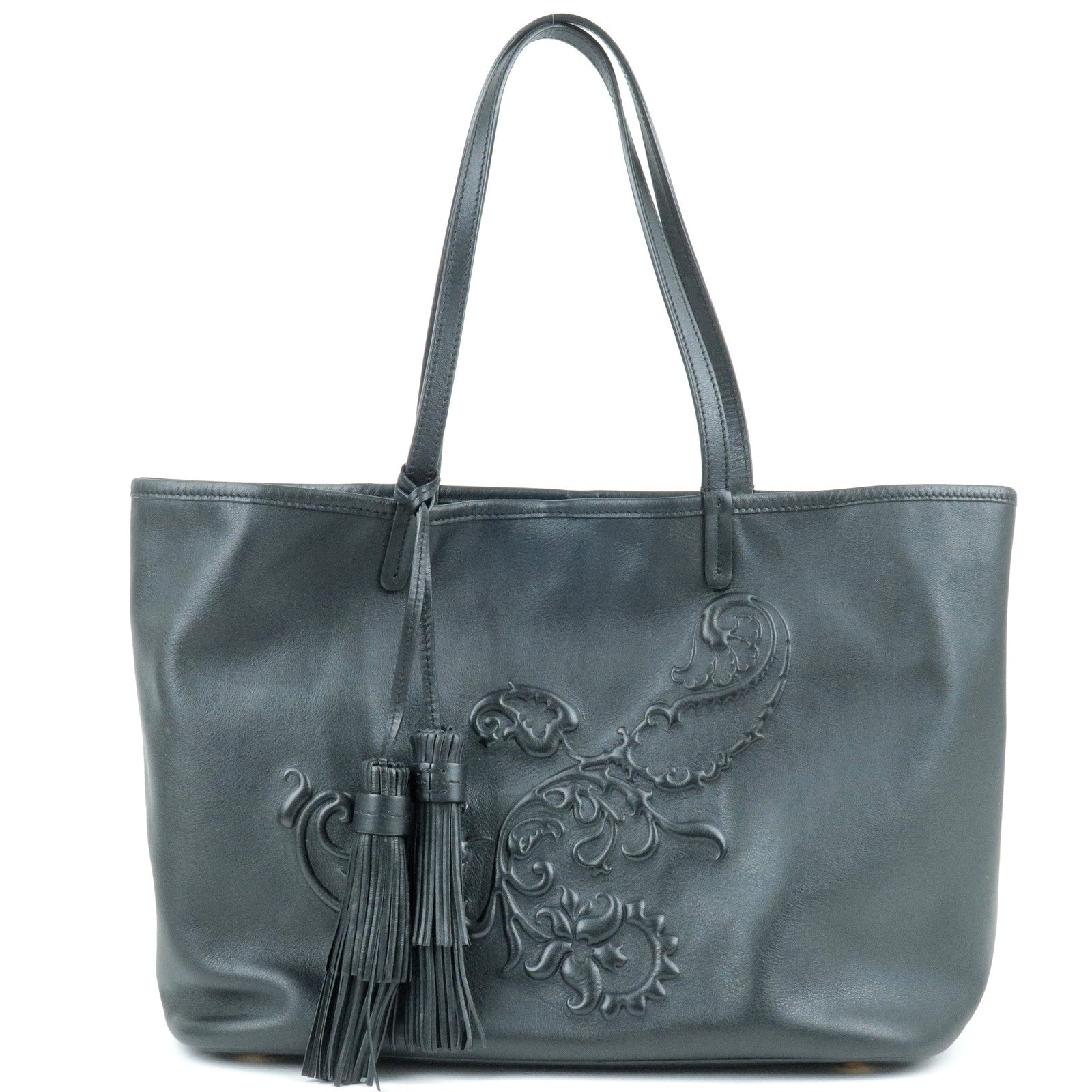 ETRO-Leather-Embossed-Print-Tote-Bag-Shoulder-Bag-Black