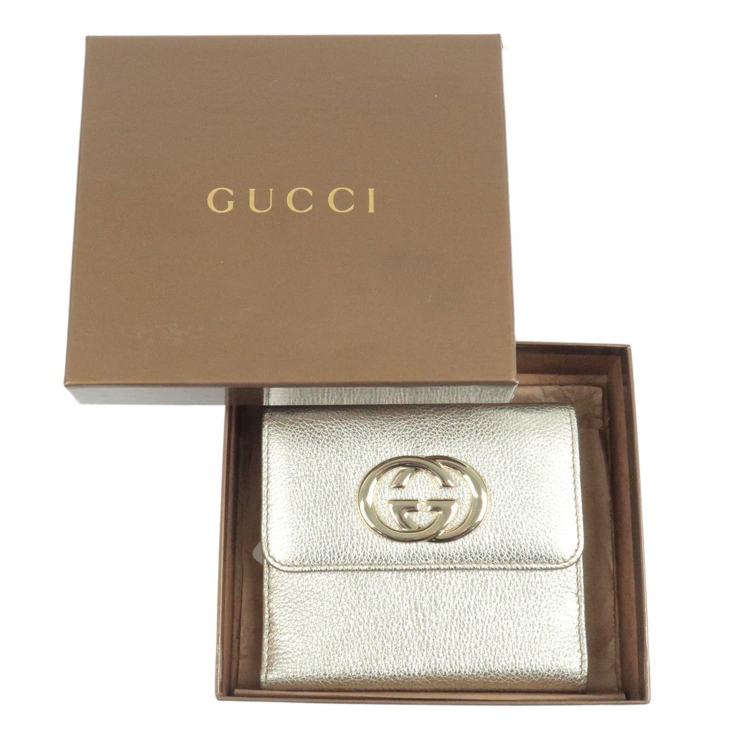 GUCCI Interlocking G Leather Double Hook Wallet Gold 162759