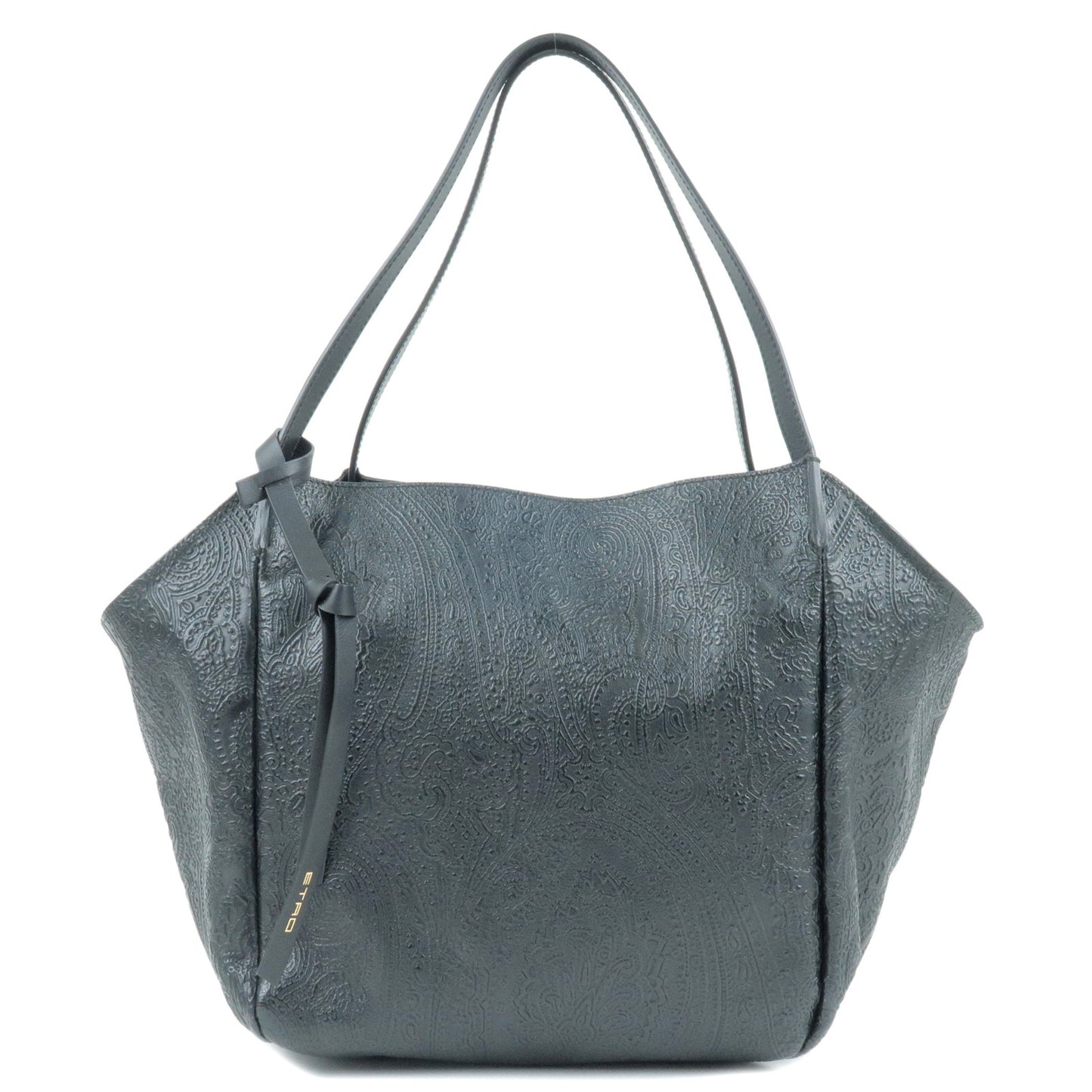 ETRO-Leather-Paisley-Embossed-Tote-Bag-Shoulder-Bag-Black