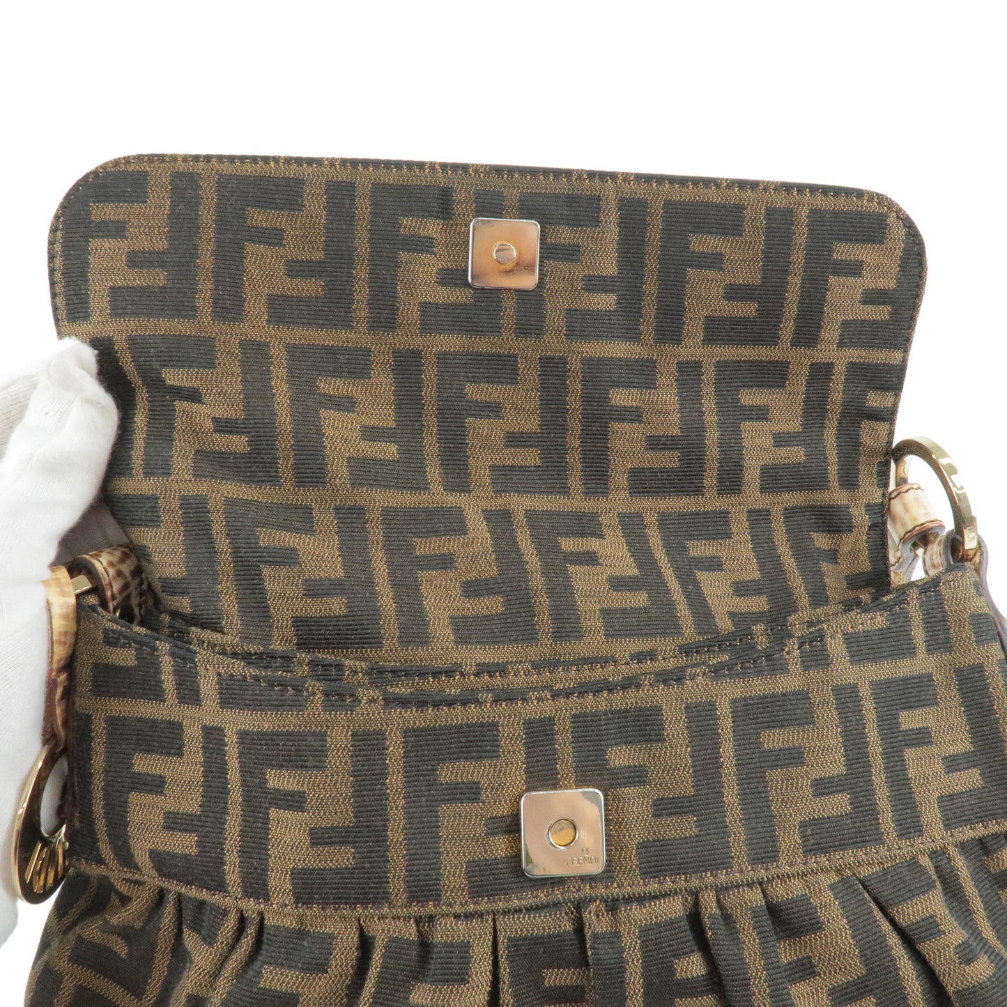FENDI Zucca Canvas Leather Shoulder Bag Beige Brown 8BR445