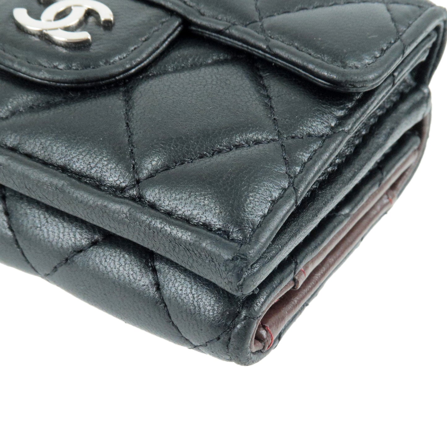 CHANEL Matelasse Lamb Skin Tri Fold Flap Wallet Small Wallet Black