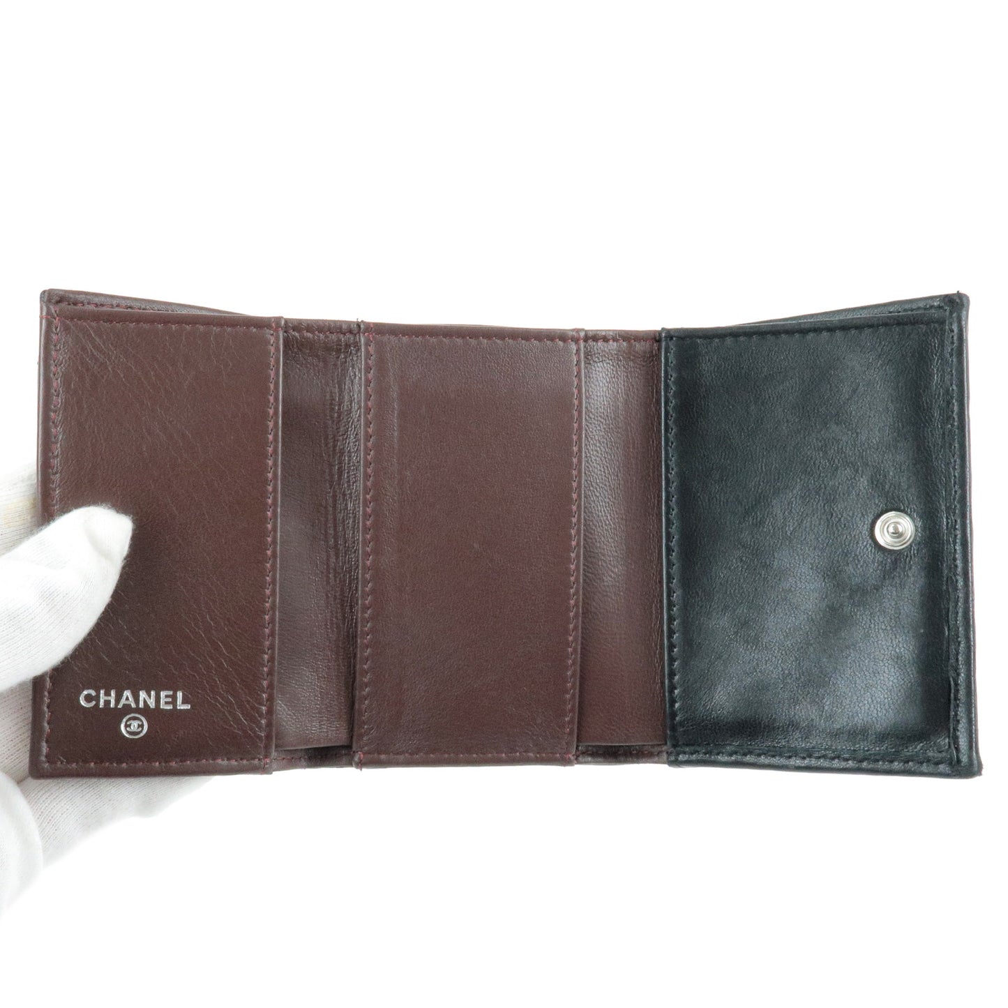 CHANEL Matelasse Lamb Skin Tri Fold Flap Wallet Small Wallet Black