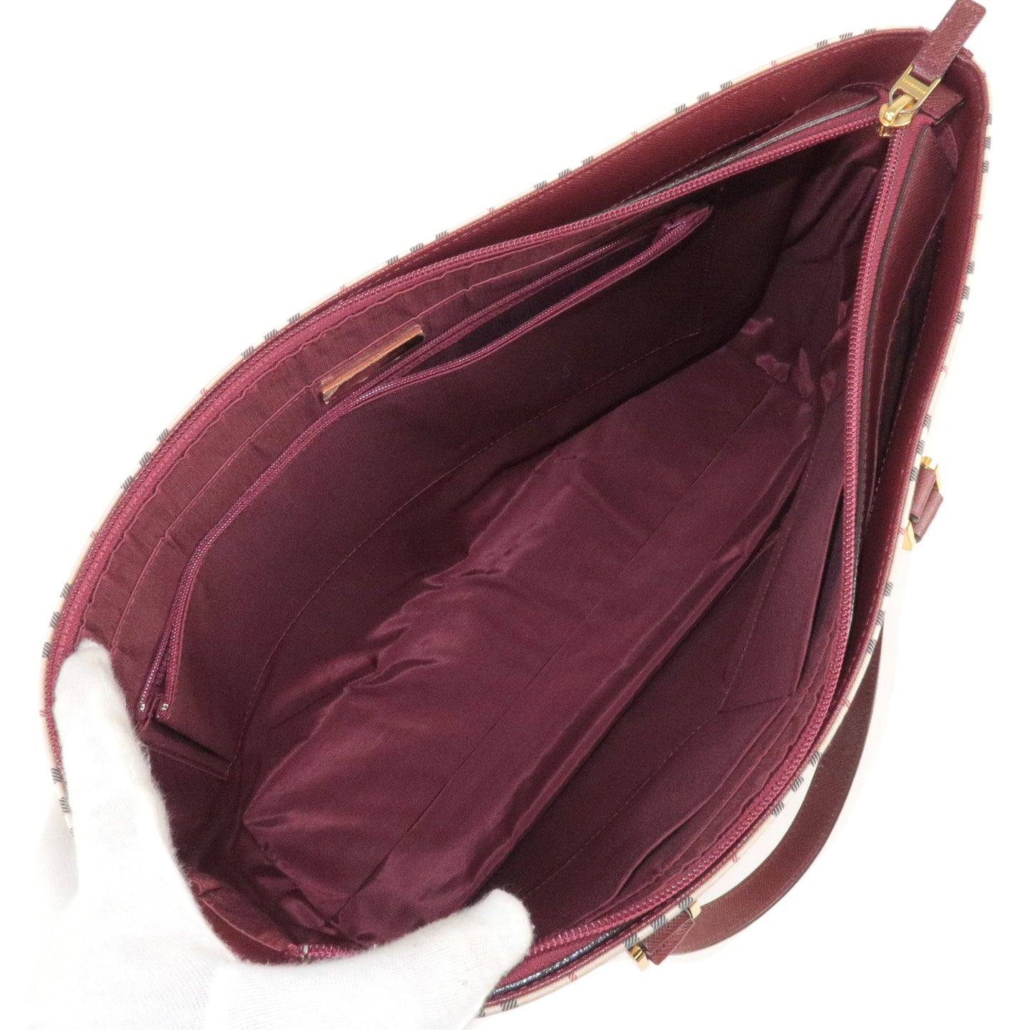BURBERRY Nova Plaid Canvas Leather Tote Bag Hand Bag Beige Red