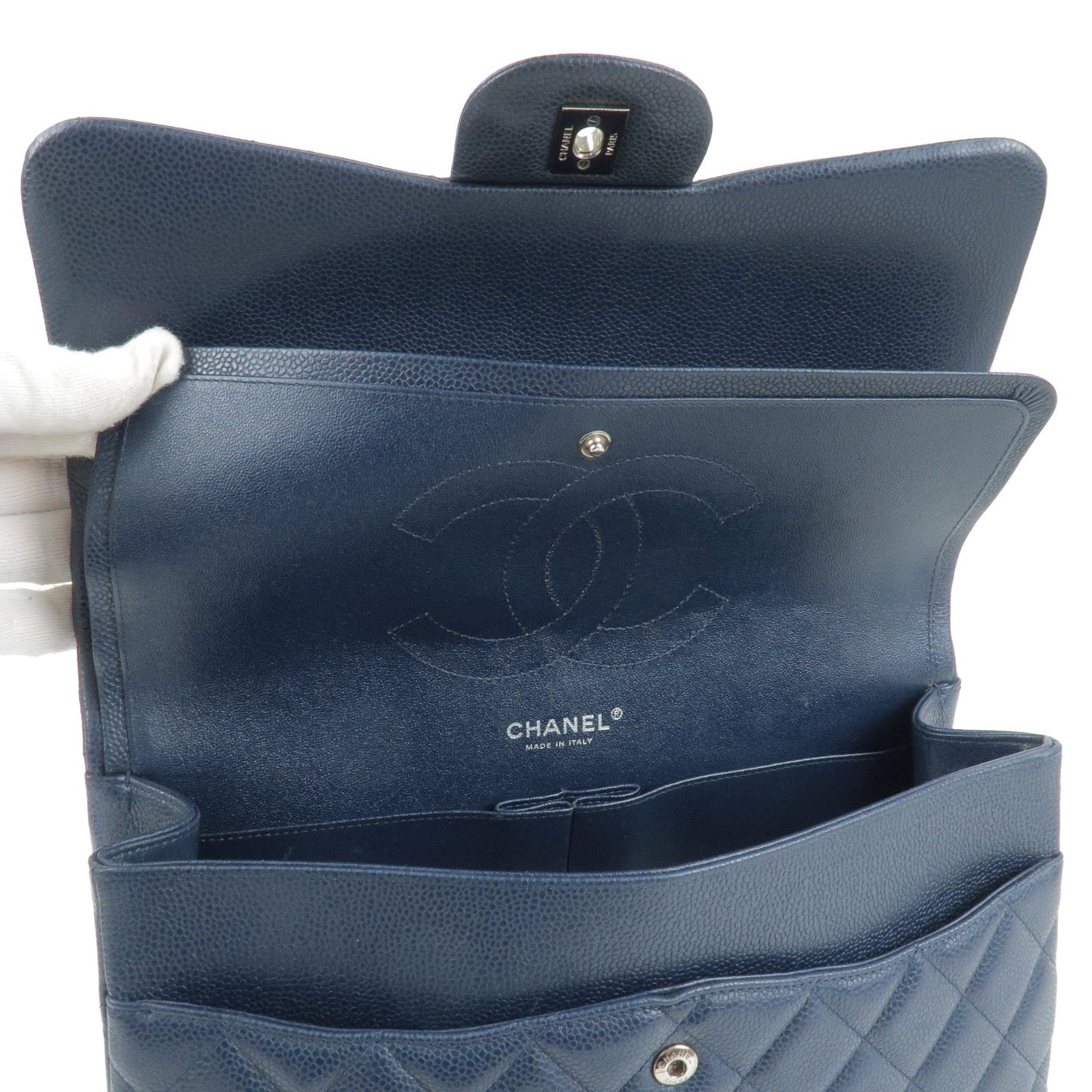 CHANEL Caviar Skin Matelasse30 Double Flap Chain Shoulder Bag Navy